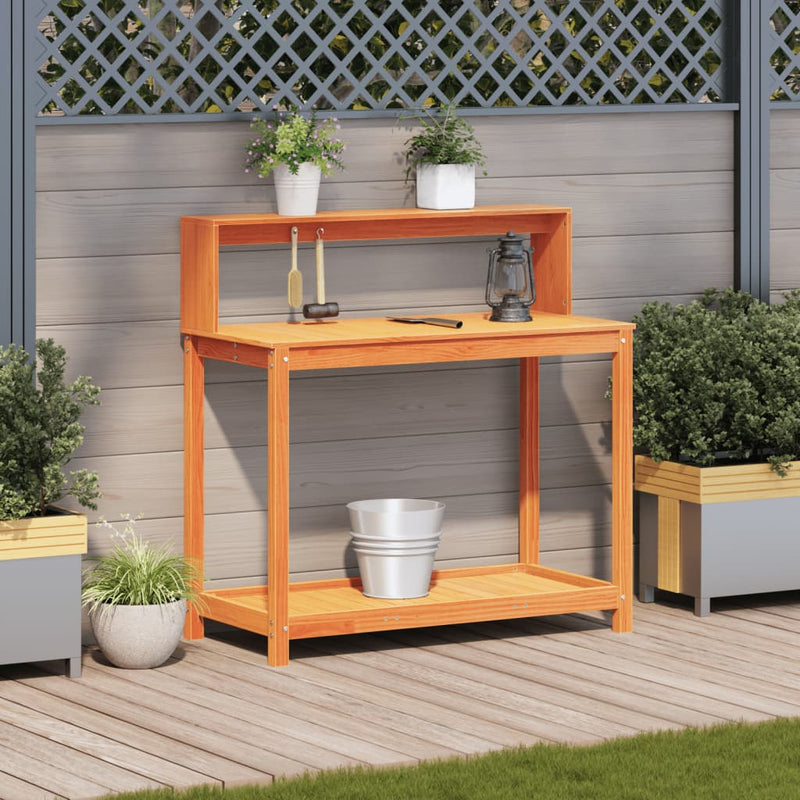 Load image into Gallery viewer, Vidaxl oppottafel met schappen 108x50x109,5 cm grenenhout bruin
