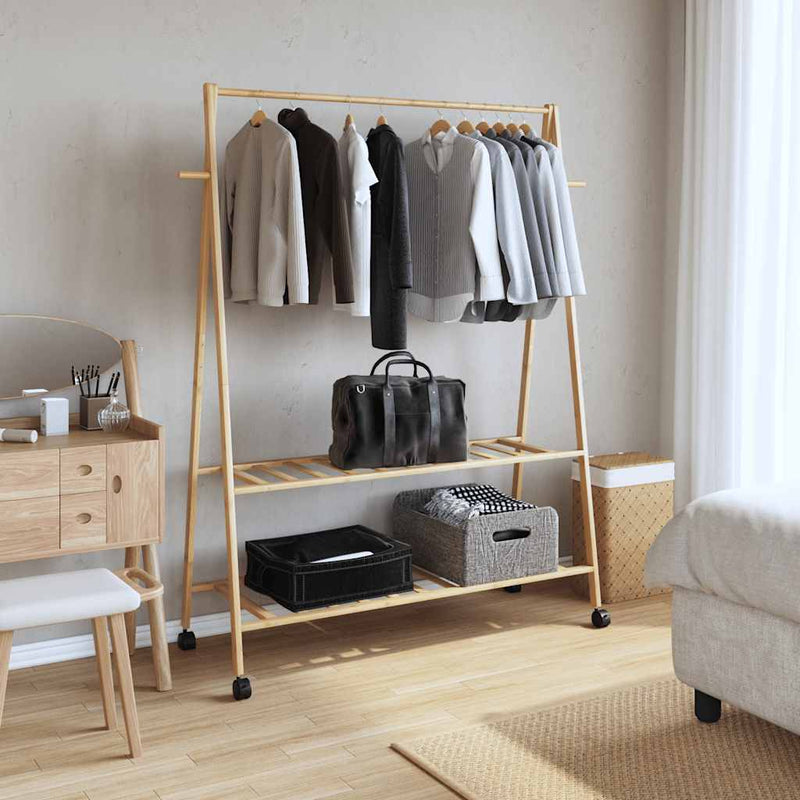 Load image into Gallery viewer, Vidaxl kledingrek met schappen en wielen 132x45,5x155,5 cm bamboe

