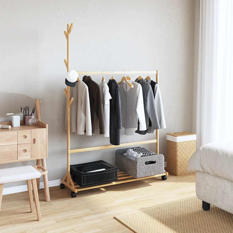 Afbeelding laden in galerijviewer, Vidaxl kledingrek met haken en wielen 100x35x157 cm bamboe
