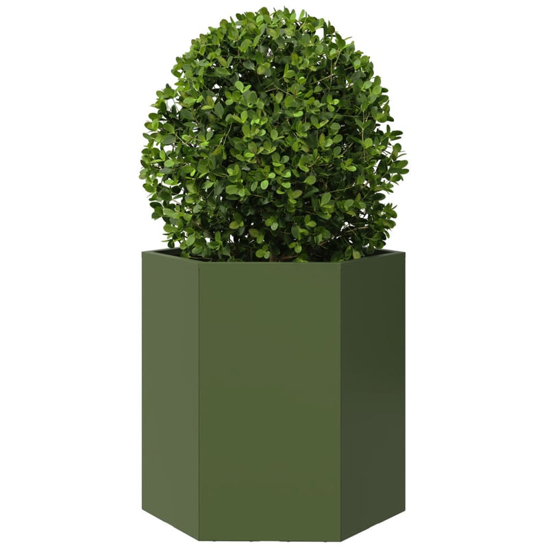 Cargue la imagen en el visor de la galería, Vidaxl plantenbak zeshoek 46x40x45 cm staal olijfgroen
