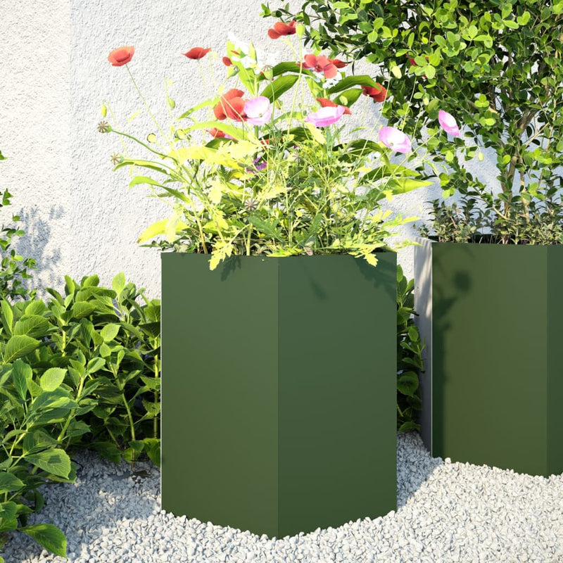 Load image into Gallery viewer, Vidaxl plantenbakken 2 st zeshoek 46x40x45 cm staal olijfgroen
