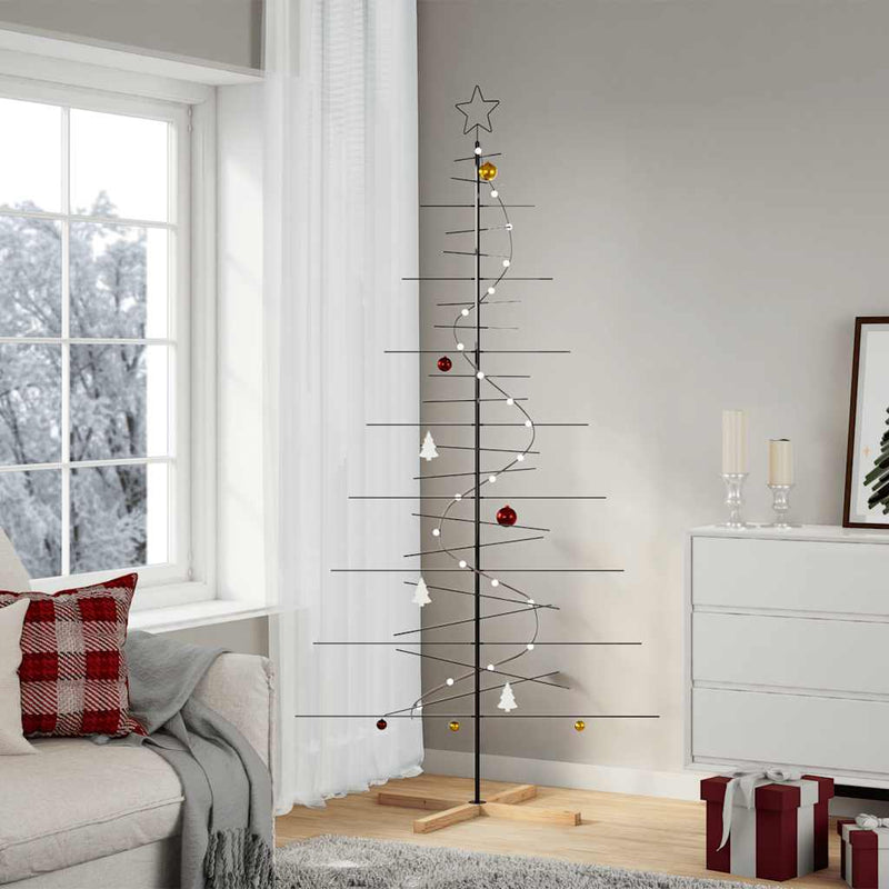 Afbeelding laden in galerijviewer, Vidaxl kerstdecoratie kerstboom met houten basis 210 cm metaal zwart
