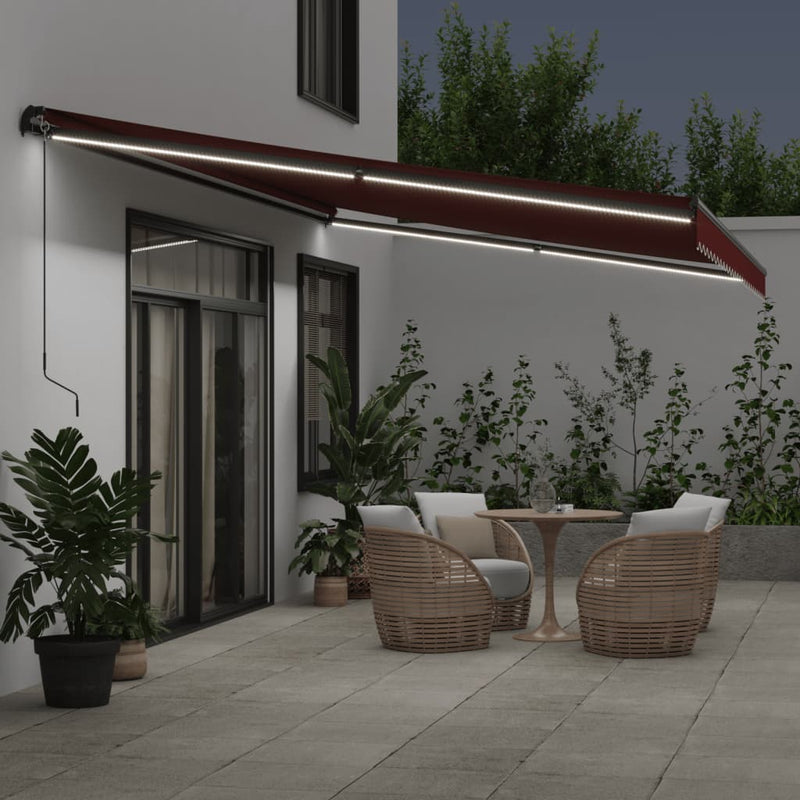 Load image into Gallery viewer, VidaXL Luifel handmatig uittrekbaar met LED's 500x300 cm bordeauxrood

