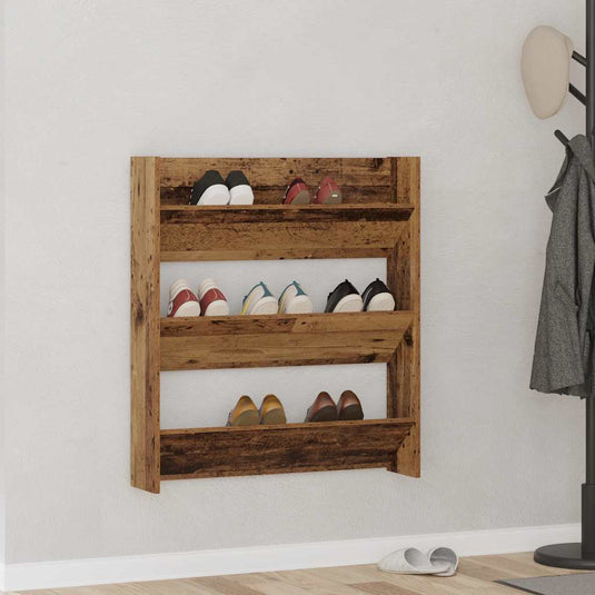 Vidaxl wandschoenenkast 80x18x90 cm bewerkt hout oud houtkleurig