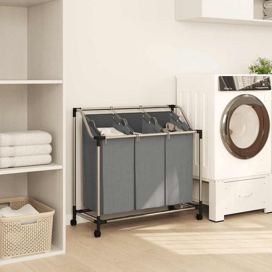 Vidaxl wasmand met wielen 3 vakken grijs