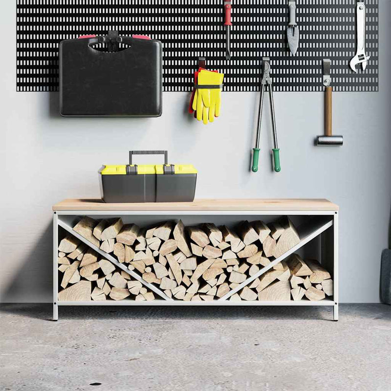 Afbeelding laden in galerijviewer, Vidaxl brandhoutrek met houten blad 100,5x35,5x40 cm wit
