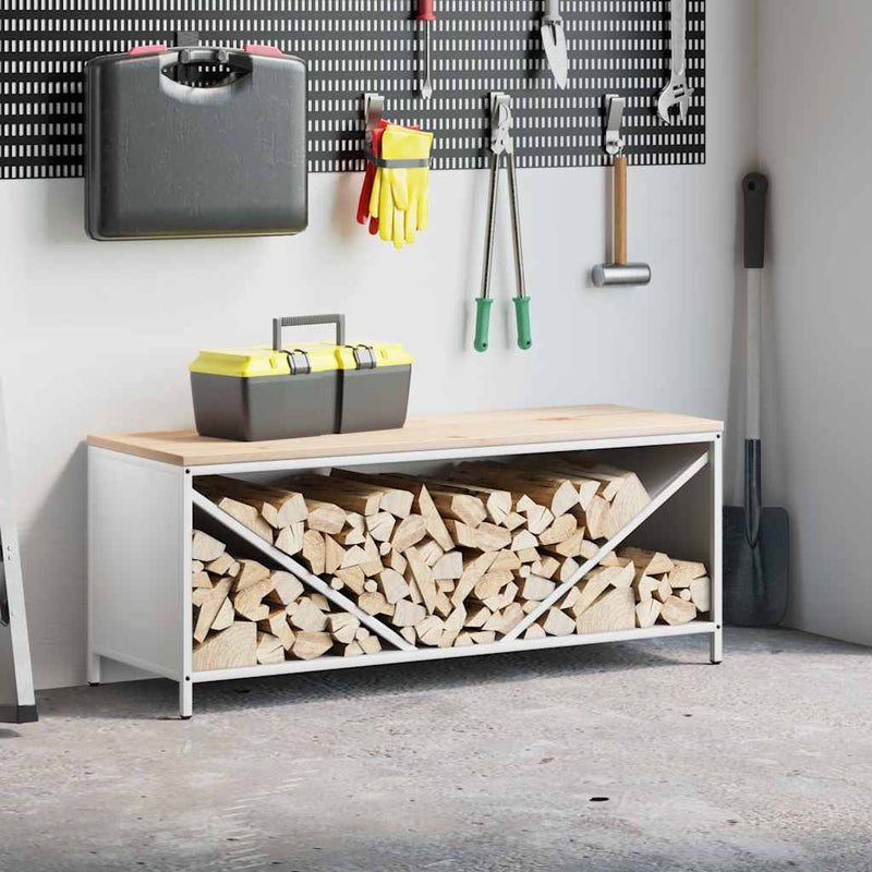 Afbeelding laden in galerijviewer, Vidaxl brandhoutrek met houten blad 100,5x35,5x40 cm wit

