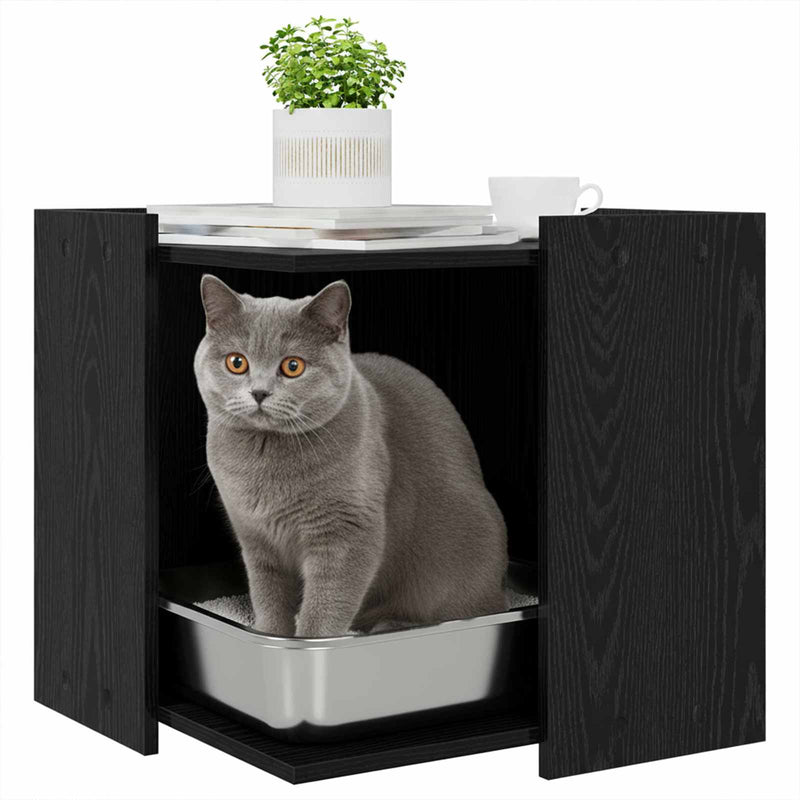 Chargez l'image dans la visionneuse de la galerie, Vidaxl kattenbak omheining zwart eiken 53 x 53 x 51 cm bewerkt hout
