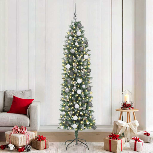 Vidaxl kunstmatige slanke kerstboom met 300 led groen en wit 210 cm