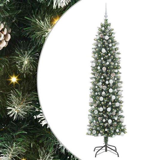 Vidaxl kunstmatige slanke kerstboom met 300 led groen en wit 210 cm