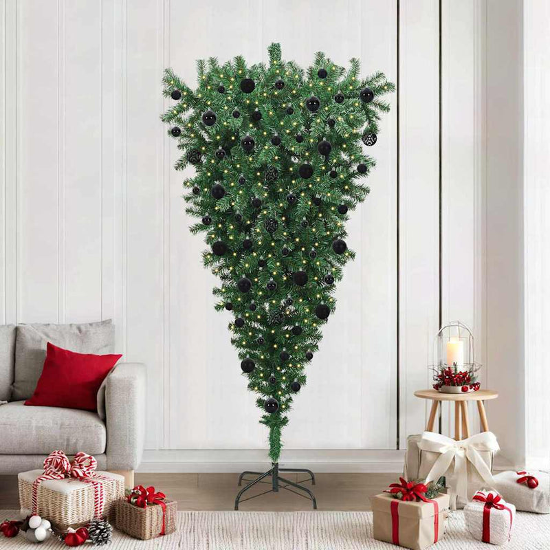 Afbeelding laden in galerijviewer, Vidaxl ondersteboven kunstkerstboom met ballenset groen 210 cm pvc
