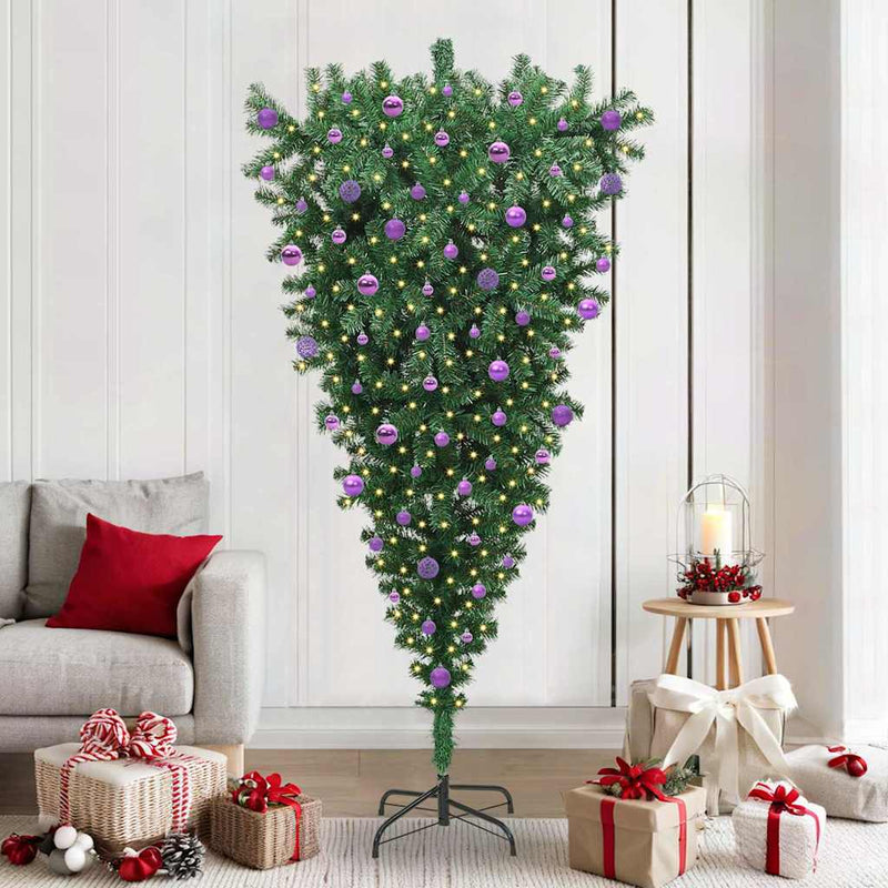 Chargez l'image dans la visionneuse de la galerie, Vidaxl ondersteboven kunst kerstboom met ballenset groen 210 cm pvc
