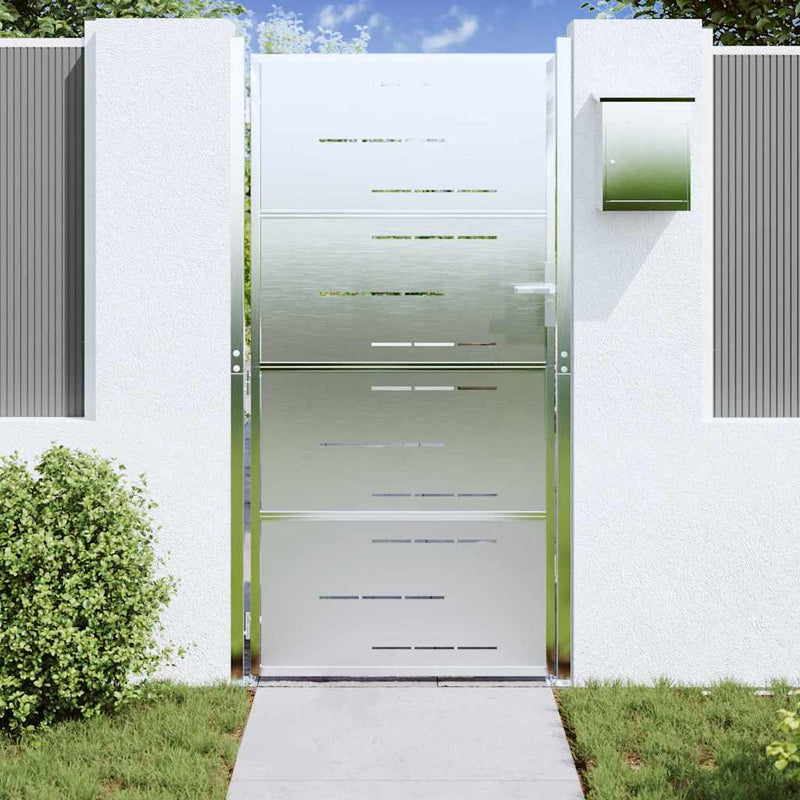 Afbeelding laden in galerijviewer, Vidaxl tuinpoort met slot zilver 96 x 200 cm roestvrij staal
