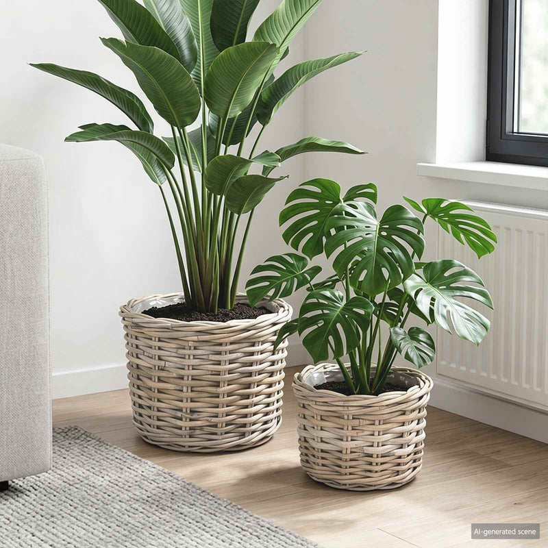 Afbeelding laden in galerijviewer, Vidaxl bloempot mand met opslag 2 pcs grijs kubu rattan
