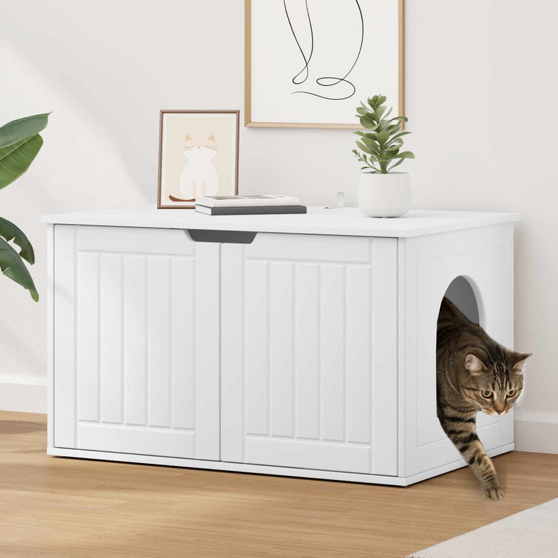 Afbeelding laden in galerijviewer, Vidaxl kattenhuis wit 85 x 55 x 50,5 cm bewerkt hout
