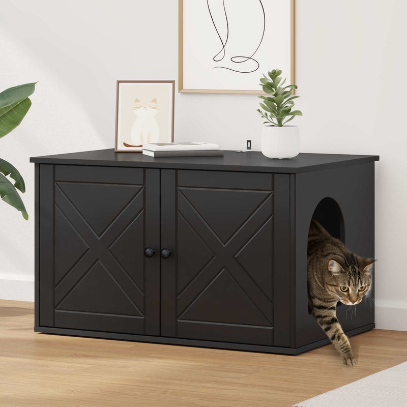 Afbeelding laden in galerijviewer, Vidaxl kattenhuis zwart 85 x 55 x 50,5 cm bewerkt hout
