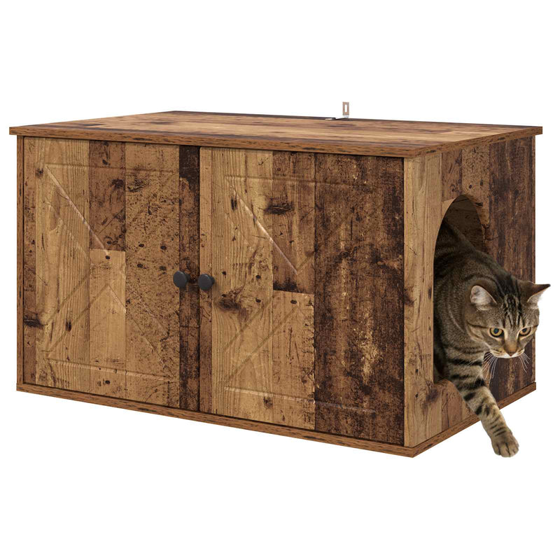 Afbeelding laden in galerijviewer, Vidaxl kattenhuis oudhout 85 x 55 x 50 cm bewerkt hout
