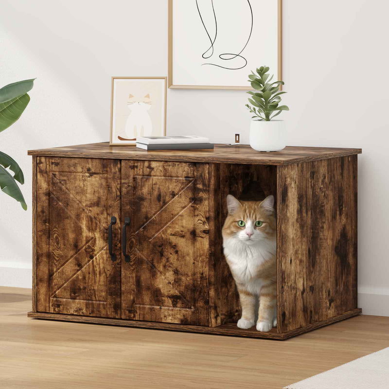Afbeelding laden in galerijviewer, Vidaxl kattenhuis gerookt eiken 85 x 55 x 50 cm bewerkt hout
