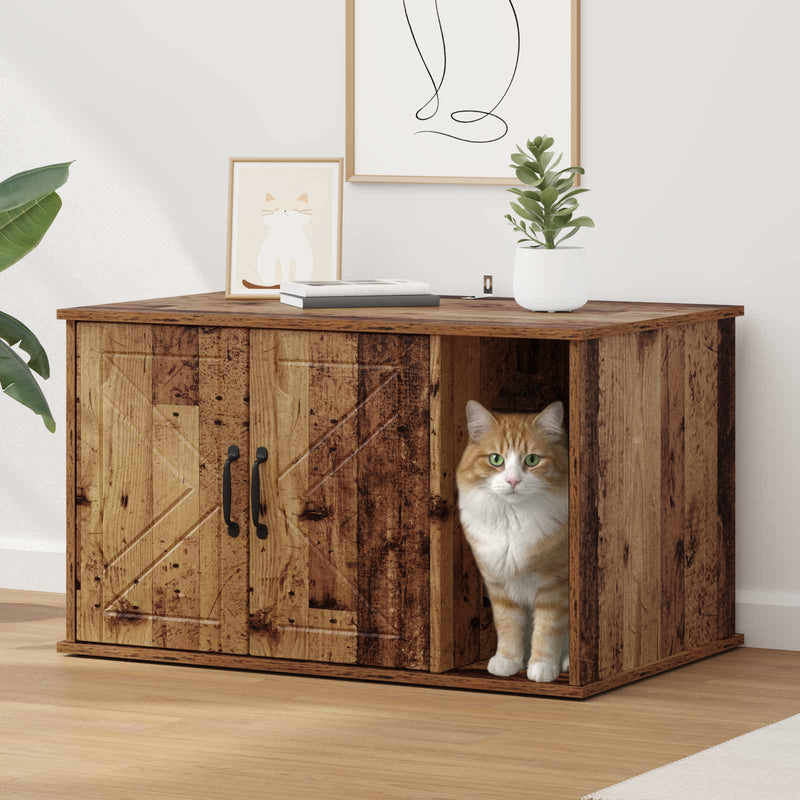 Afbeelding laden in galerijviewer, Vidaxl kattenhuis oudhout 85 x 55 x 50 cm bewerkt hout
