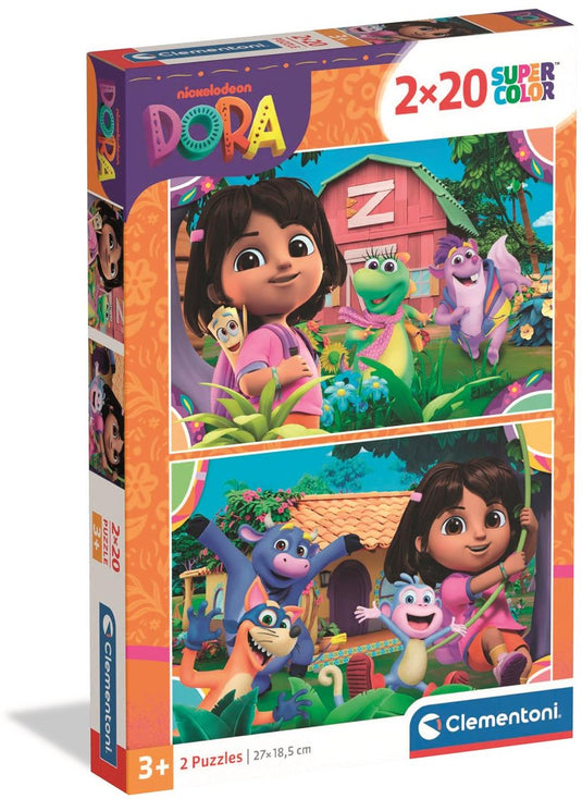 Clementoni - puzzel - 2x20 stukjes - dora the explorer -super color - 2 puzzels voor kinderen vanaf 3 jaar