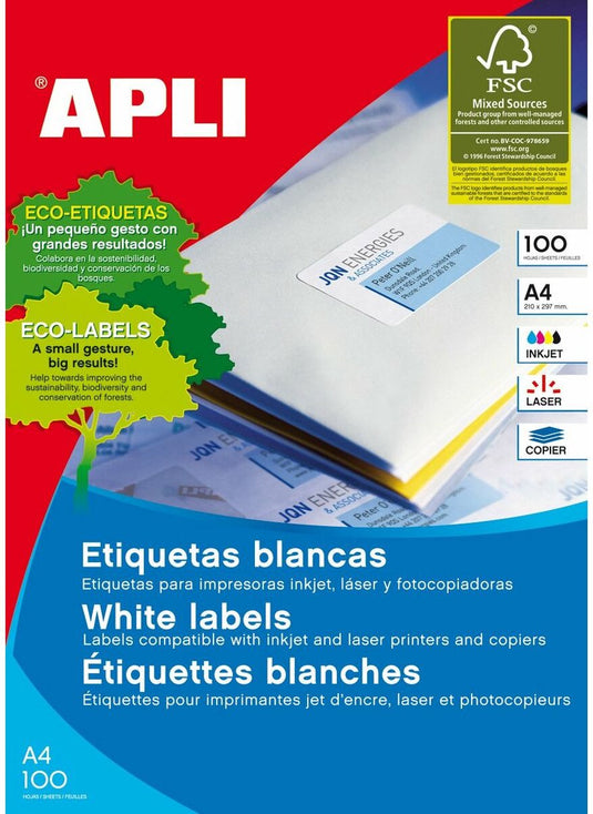 Apli adhesive labels 1281 100 sheets 210 x 297 mm white