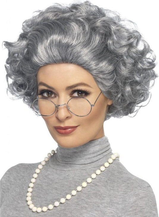 Smiffys oma verkleedsetje voor dames - grijs - pruik bril en ketting - oude vrouw - carnaval
