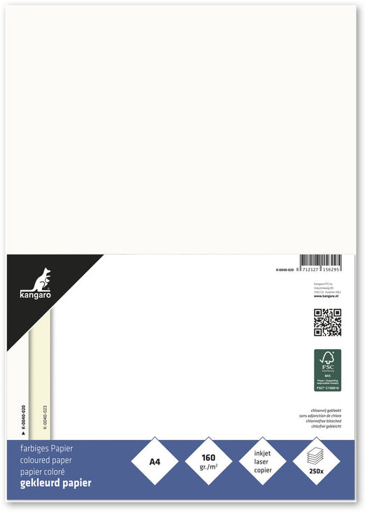 Merkloos sans marque kangaro gekleurd papier - formaat a4 - 160 grams - roomwit - pak 250 vel - k-0040-020