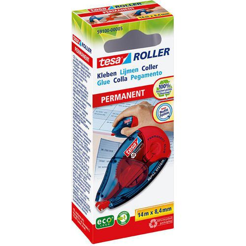 Tesa navulbare lijmroller permanent 14.000 mm blauw, rood