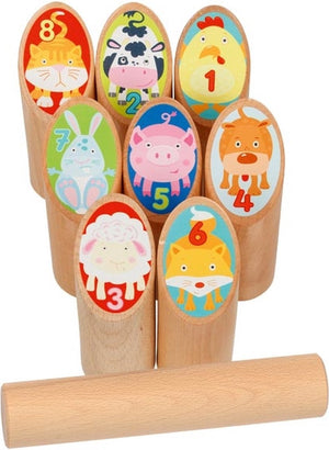 Goki houten viking spel dieren kubb in katoenen zak