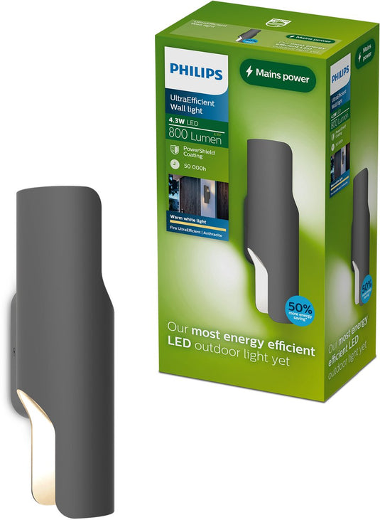 Philips led philips fira wandlamp - buitenverlichting - schijnt in twee richtingen - warmwit licht: 2700k - antraciet - aluminium - powershield coating - lange levensduur
