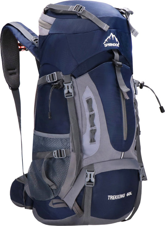 Springos backpack - rugzak - multifunctioneel - kamperen - reizen - regenhoes - fluitje - 60 liter - grijs blauw