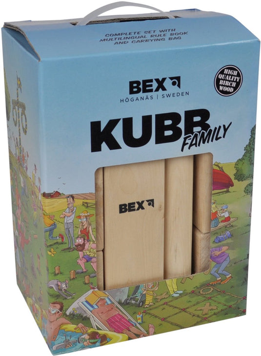 Bex kubb family – zweeds vikingschaak – duurzaam buitenspel – fsc berkenhout – koning met houtkleurige kroon – vanaf 8 jaar – inclusief opbergnet met trekkoord