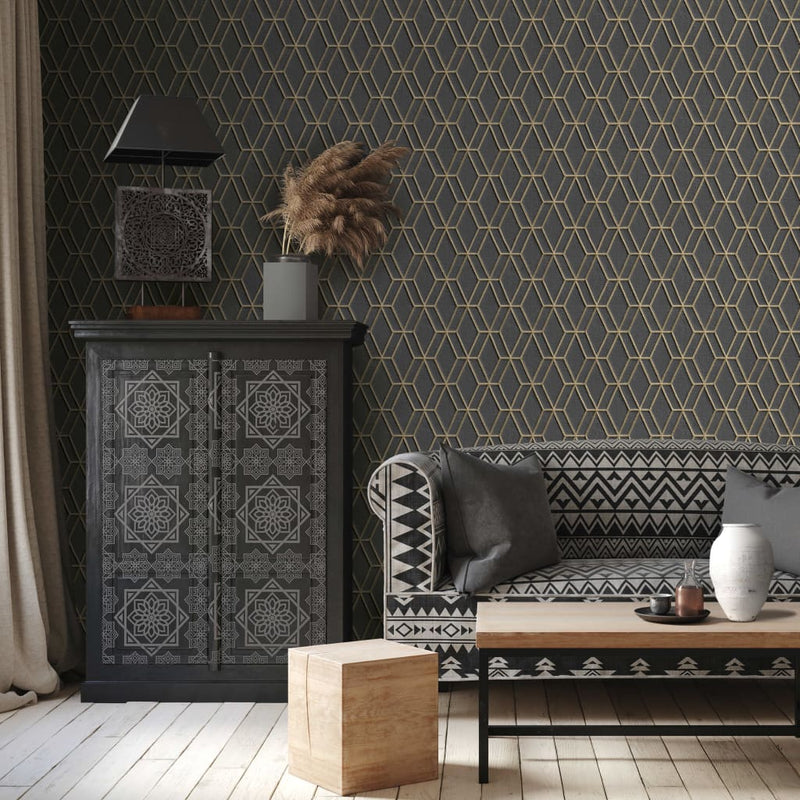Load image into Gallery viewer, Dutch wallcoverings behang hexagonal zwart en goudkleurig

