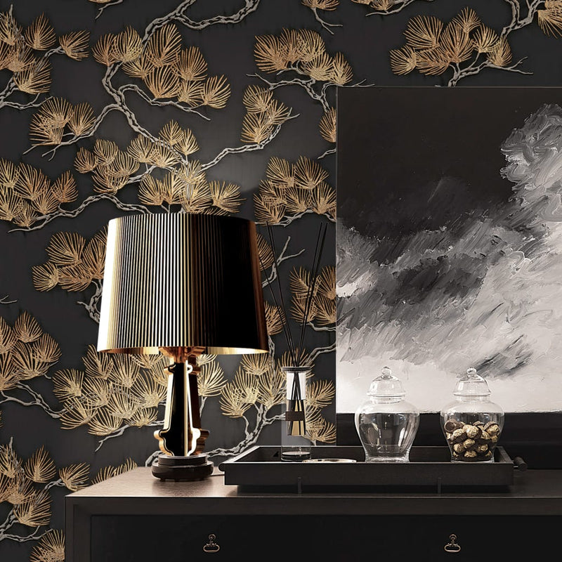 Load image into Gallery viewer, Dutch wallcoverings behang pine tree zwart en goudkleurig

