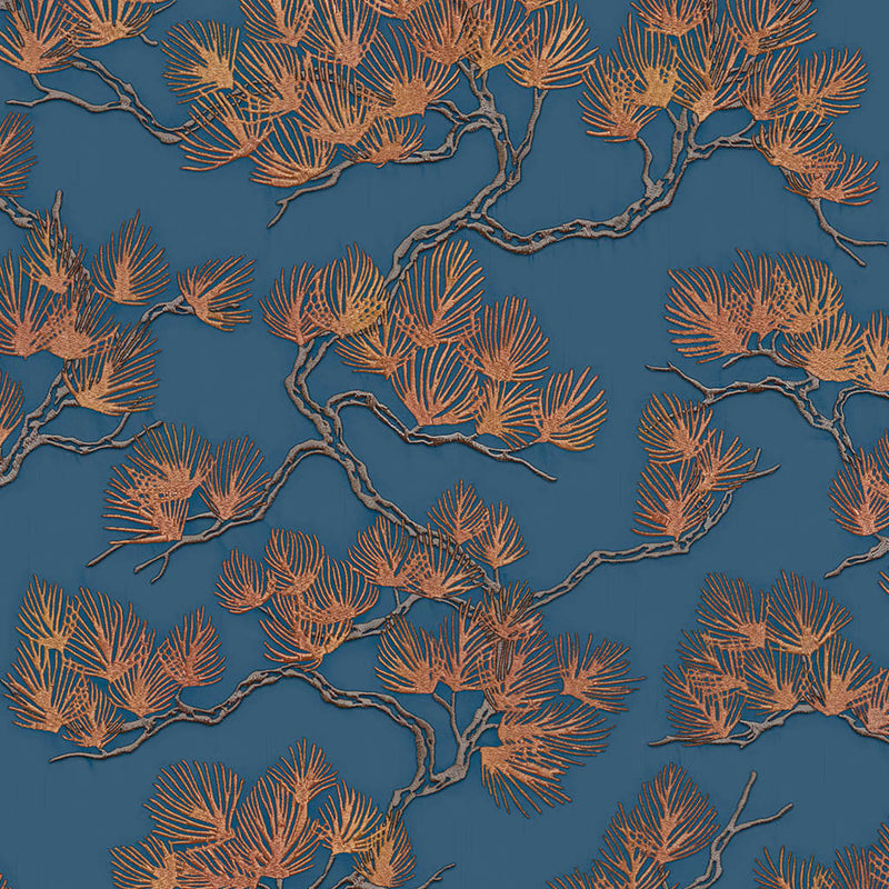 Load image into Gallery viewer, Dutch wallcoverings behang pine tree goudkleurig en blauw
