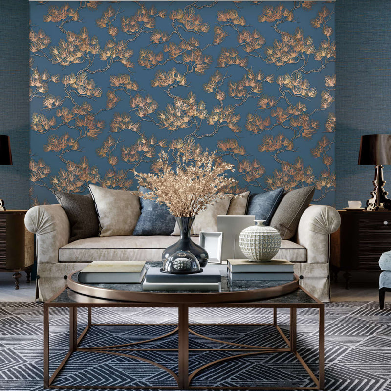 Load image into Gallery viewer, Dutch wallcoverings behang pine tree goudkleurig en blauw
