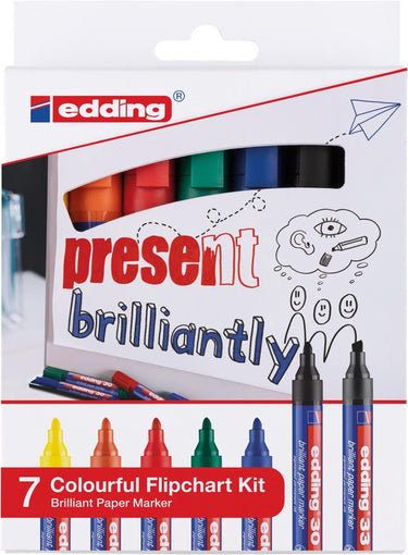 Edding 30 33 colourful flipchart kit- briljant paper markers set - assorti 7 stuks: zwart, rood, blauw, groen, geel, oranje (e-30 6x e-33 1x) - 1,5-3 1-5mm