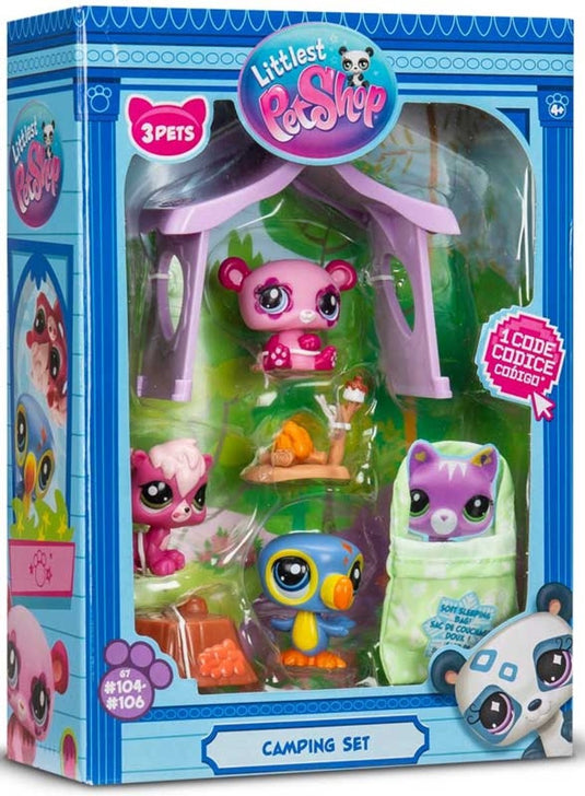Bandai littlest pet shop - kampeerset pack 3 dieren en accessoires - littlest pet shop lps panda squirrel toekan - mini cute animal figure toy set - speelgoed voor kinderen van 4 jaar en + - bf00574