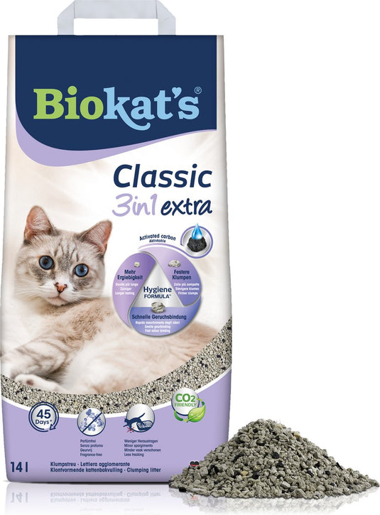 Biokat's classic 3in1 extra - 14 l - kattenbakvulling - klontvormend - parfumvrij - actieve kool