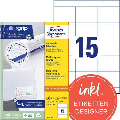 Multifunctionele etiketten avery wit 3000 stuks