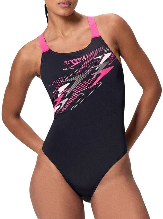 Speedo medley logo medalist 1 piece dames sportbadpak - kleurvast badpak dames - chloorbestendig zwempak dames - sportbadpak dames met medalist-rug - zwart roze - 44