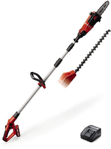 Einhell accu tuin-multitool ge-hc 18 li t kit - power x-change - 18 v 3.0 ah li-ion - zwaardlengte kettingzaag: 200 mm - bladlengte heggenschaar: 450 mm - tandafstand: 16 mm - incl. 1x 3.0 ah accu en lader