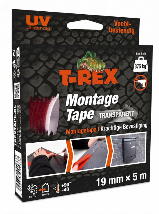T-rex montagetape – extra sterke dubbelzijdige tape voor montage binnen en buiten – permanente bevestiging zonder boren of schroeven – draagvermogen tot 375 kg – 19 mm x 5 m