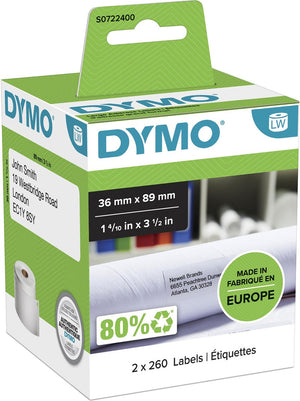 Dymo originele grote labelwriter adreslabels | 36 mm x 89 mm | 2 rollen met elk 260 labels (520 zelfklevende etiketten) | geschikt voor de labelwriter labelprinters | gemaakt in europa