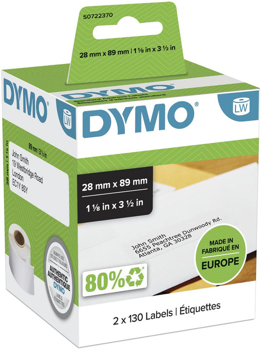 Dymo originele labelwriter adreslabels | 28 mm x 89 mm | 2 rollen met elk 130 labels (260 zelfklevende etiketten) | geschikt voor de labelwriter labelprinters | gemaakt in europa