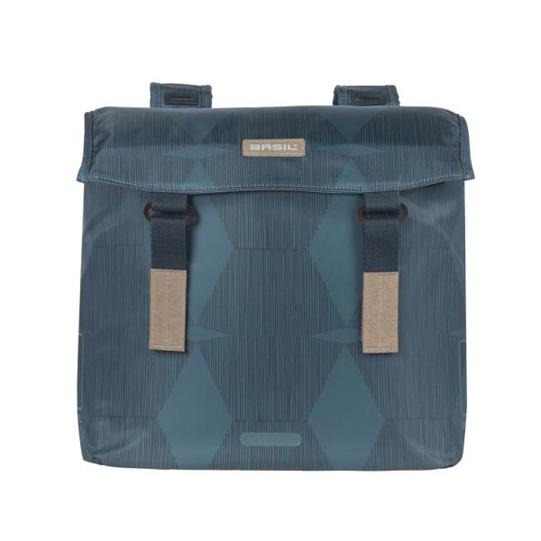 Afbeelding laden in galerijviewer, Basil Elegance dubbele fietstas, blauw, gerecycled PET, gevoerd, waterkerende sluiting, Universal Bridge, 40-49L
