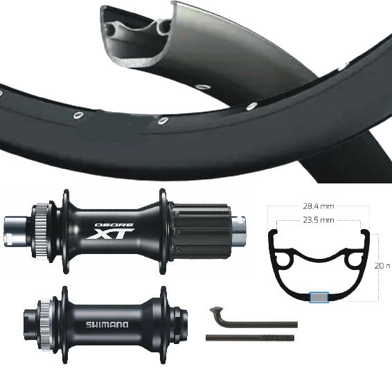 Shimano xt alivio wielset 28 29 inch cass 8-11 speed thru axxle zwart