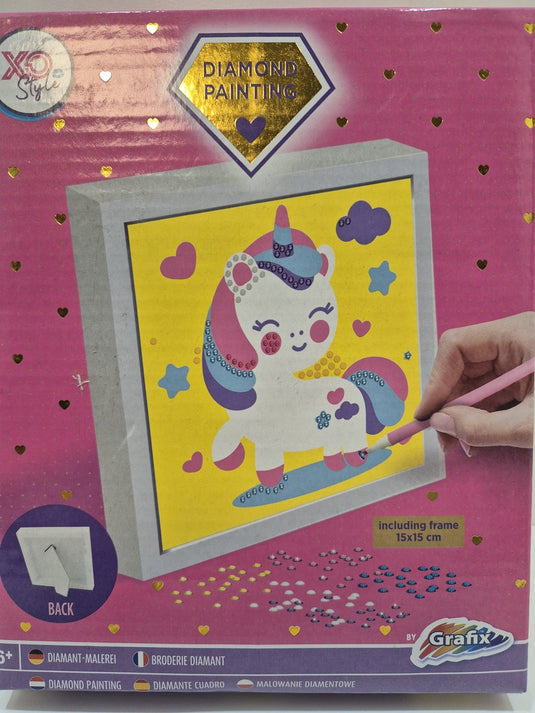 Grafix diamond painting voor kinderen - unicorn - inclusief frame - 15x15 cm - vanaf 6 jaar