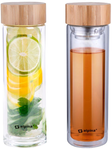 Alpina glazen drinkfles met filter - waterfles dubbelwandig 450 ml - met bamboo dop en draagtasje - theefles met theefilter