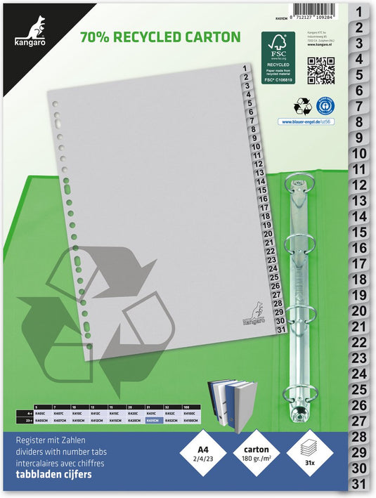 Kangaro tabbladen - a4 - cijfers 31-delig - eco karton 180 grams - 23-gaats - k431cm